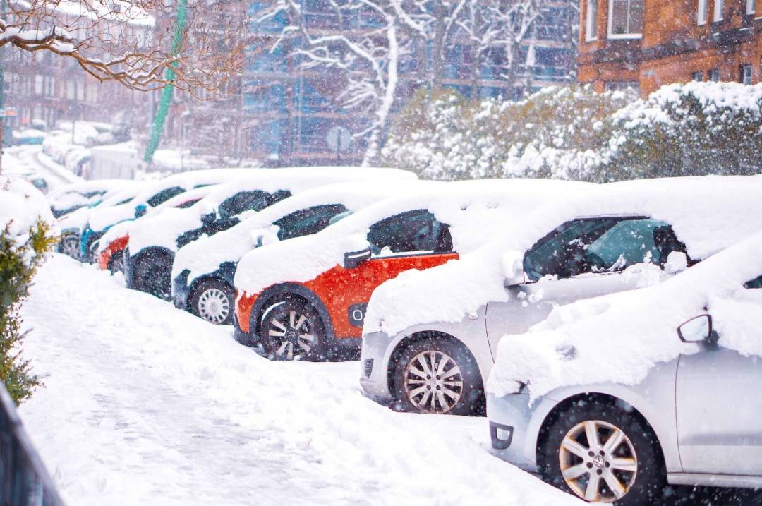 Row Of Cars Parked In The Street Covered In Snow